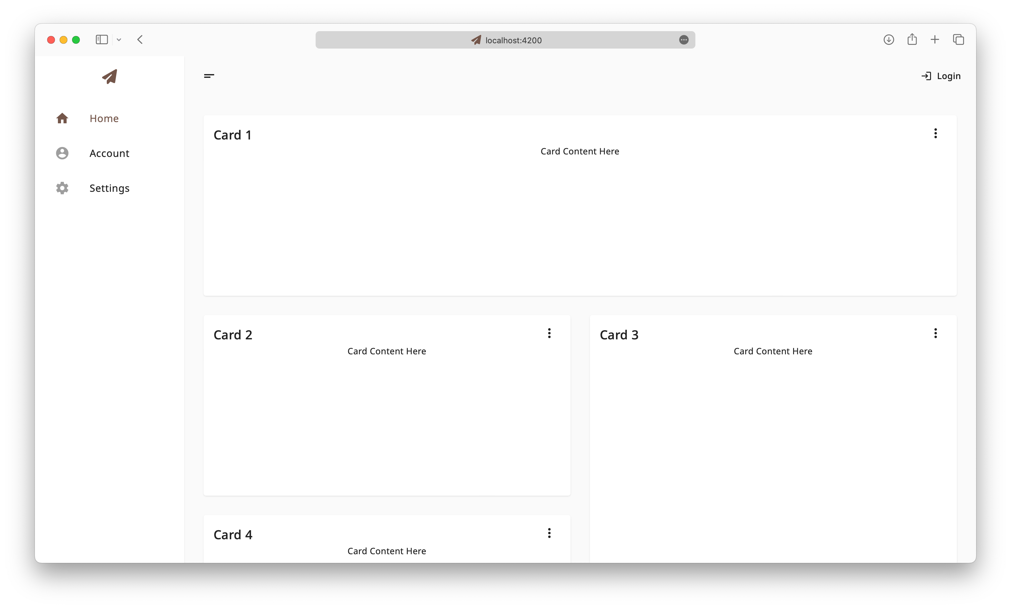 Home Page Component with demo cards in LTR language and font, light color scheme and desktop layout