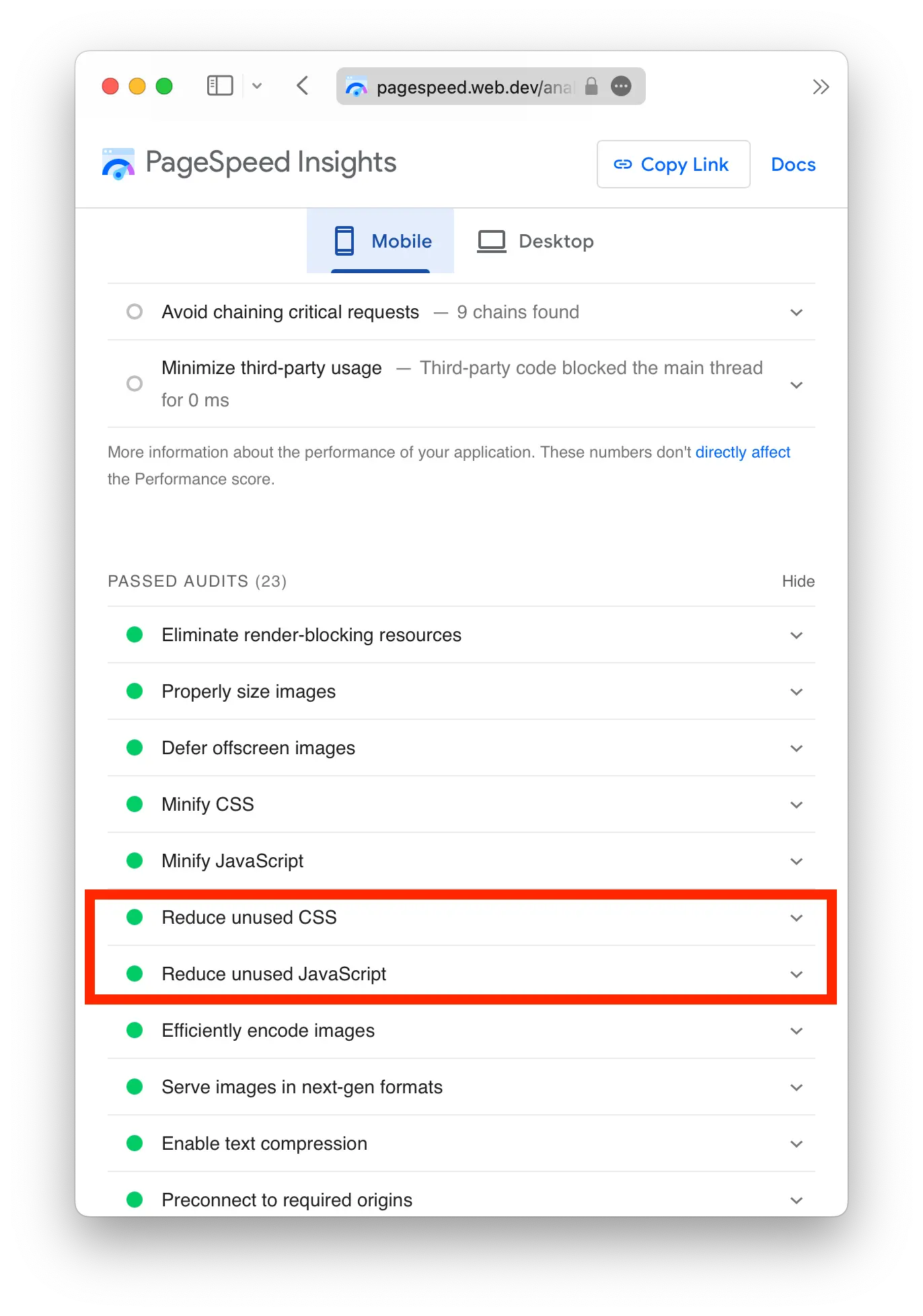 Jet passes the No Unused CSS and JS test on PageSpeed Insights